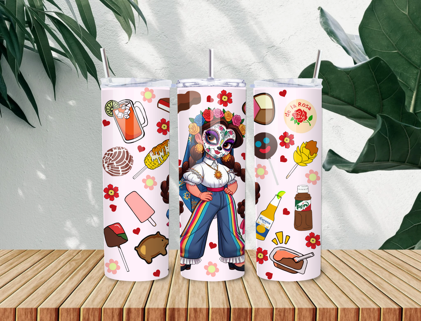 Mexican Antojitos & Calaverita Tumbler – 20oz Stainless Steel Cup with Día de Muertos Vibes & Cute Cultura Icons