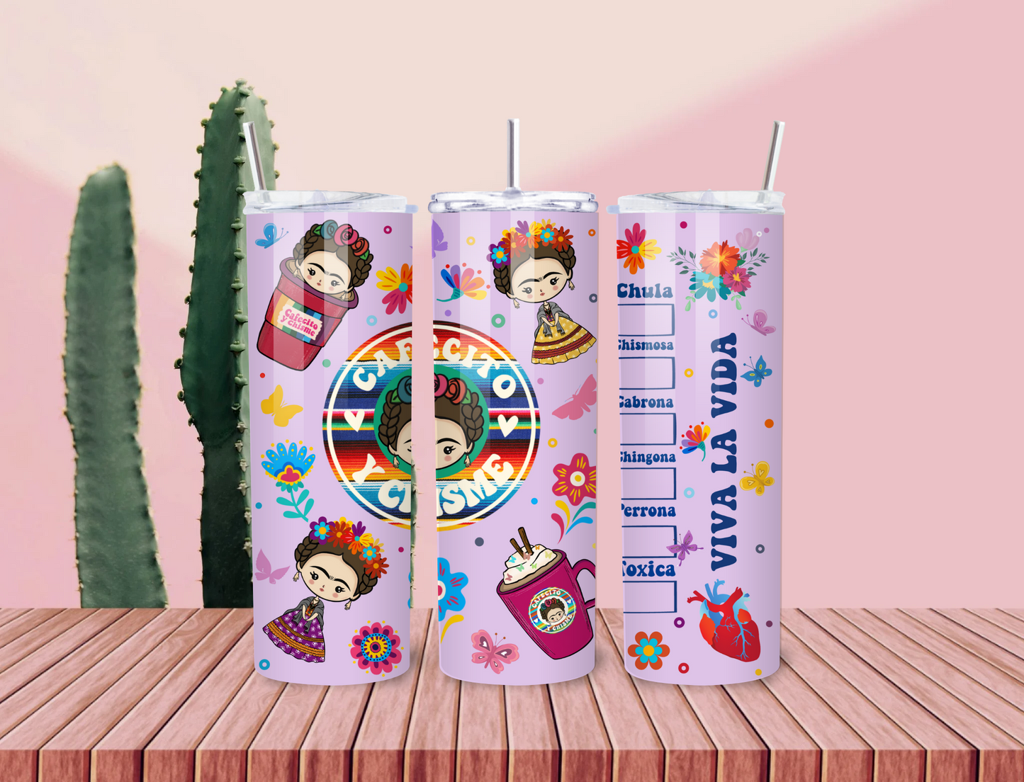 Cafecito y Chisme Tumbler – 20oz Viva la Vida Latina Cup with Frida Art, Humor & Chingona Vibes