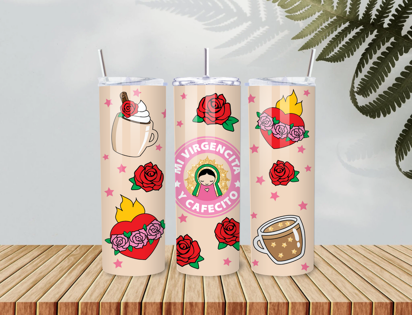 Mi Virgencita y Cafecito Tumbler – 20oz Faith & Coffee Cup with Roses, Latina Style & Spiritual Vibes