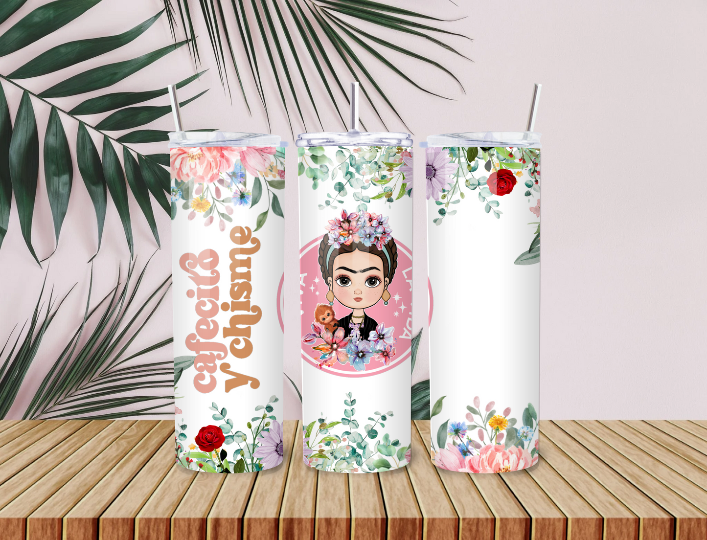 Cafecito y Chisme Tumbler – 20oz Stainless Steel Floral Cup with Cute Frida Art & Latina Coffee Vibes