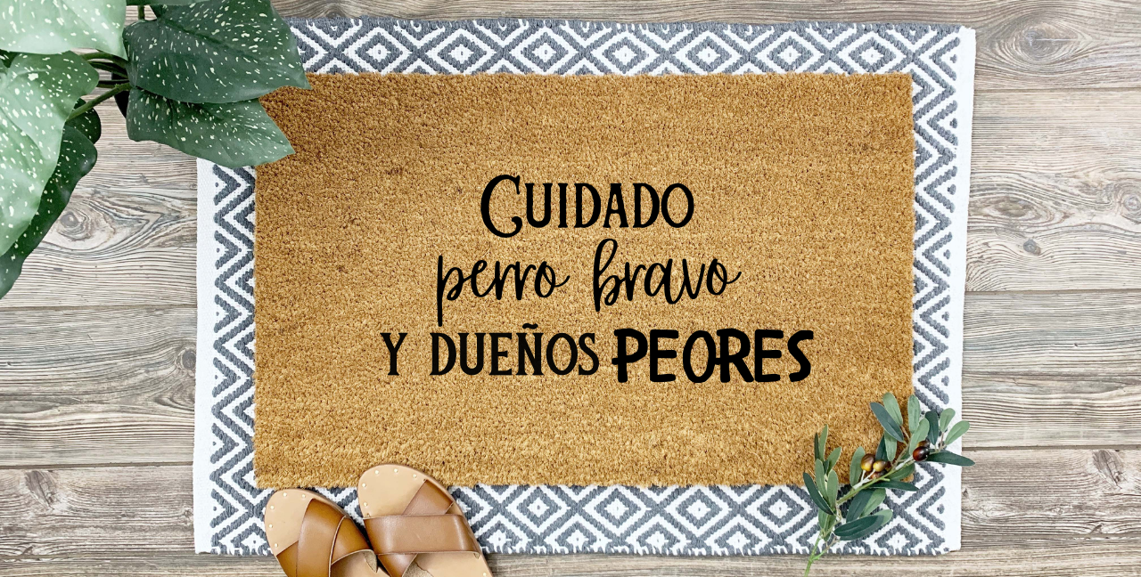 Cuidado: Perro Bravo y Dueños Peores Doormat - Funny Handmade Mexican Welcome Mat, 18x30 Coir
