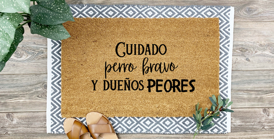 Cuidado: Perro Bravo y Dueños Peores Doormat - Funny Handmade Mexican Welcome Mat, 18x30 Coir