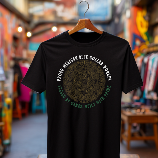 Proud Mexican Blue Collar Worker Tee – Aztec Calendar Shirt | Fueled by Ganas Latino Graphic T-Shirt