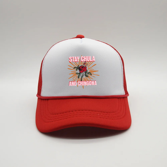 Stay Chula and Chingona Trucker Hat – Gorra Roja Pa’ las Mujeres con Poder y Estilo
