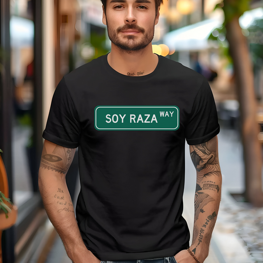 Soy Raza Street Sign Graphic Tee - Proud Latino Heritage Shirt | Camiseta con Orgullo y Cultura