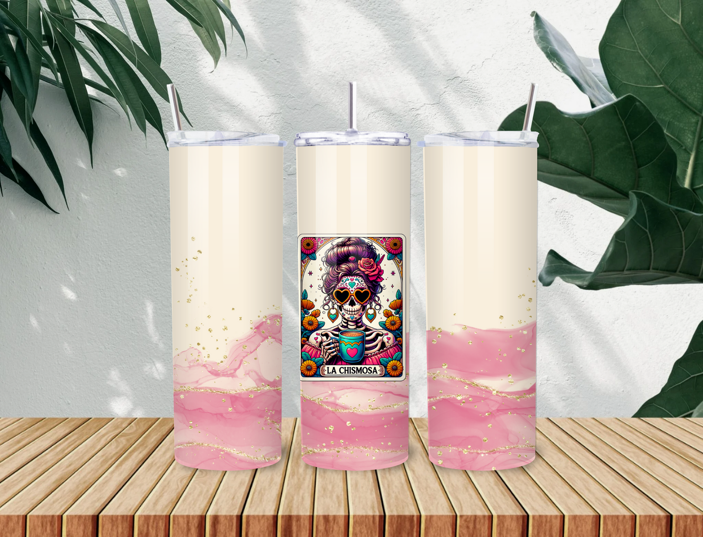 La Chismosa Tumbler – 20oz Lotería-Inspired Stainless Steel Cup with Marble Pink & Día de Muertos Vibes