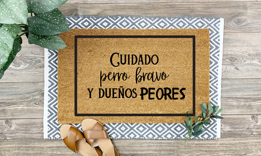 Cuidado: Perro Bravo y Dueños Peores Doormat - Funny Handmade Mexican Welcome Mat, 18x30 Coir